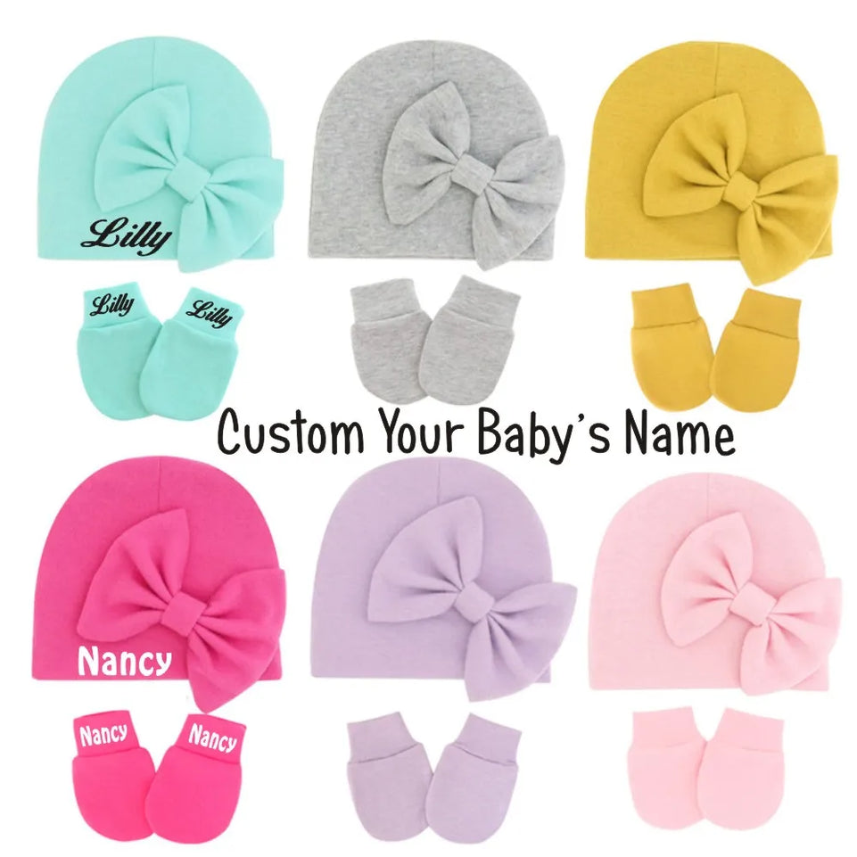 Personalized Baby Hat & Mittens with Bow Baby Shower Custom Name Newborn Gift Baby Scratch Mittens Newborn Baby Pink Girl Hat