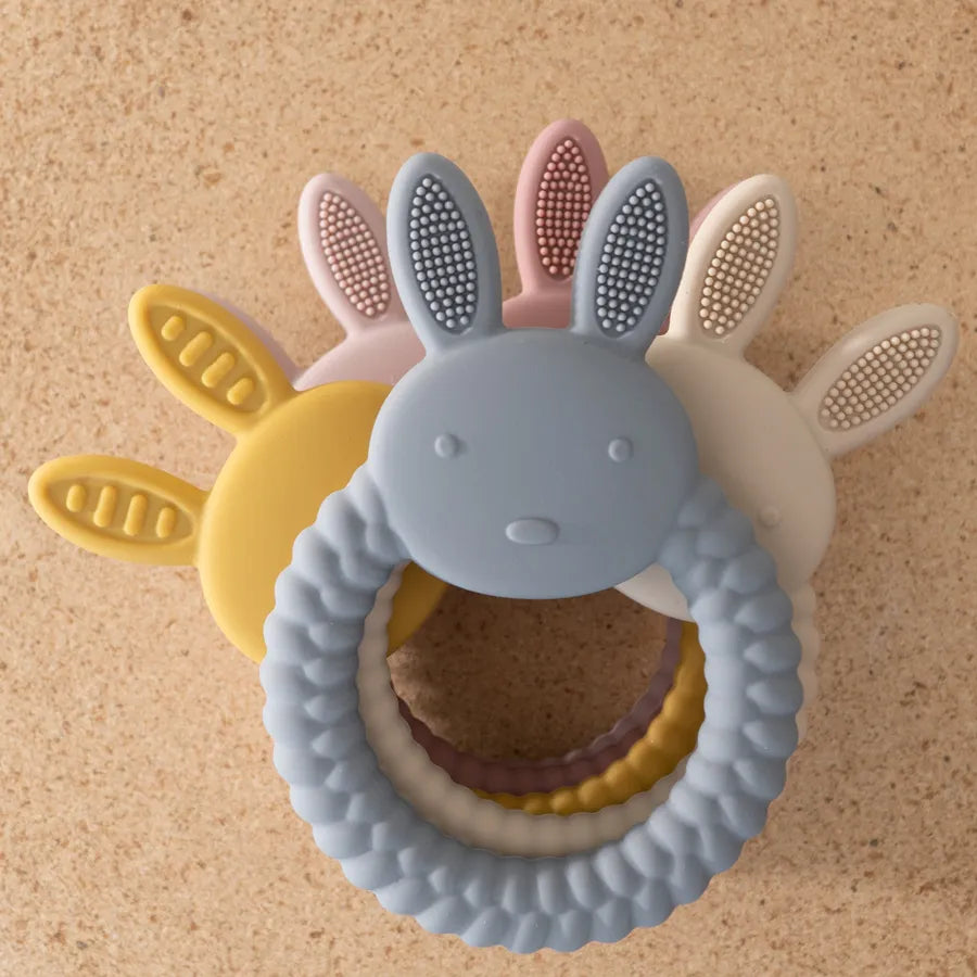 New Design Baby Rabbit Baby Toy Food Grade Safe Silicone Toothbrush Teether Toy Teething  Set For Newborn Gift