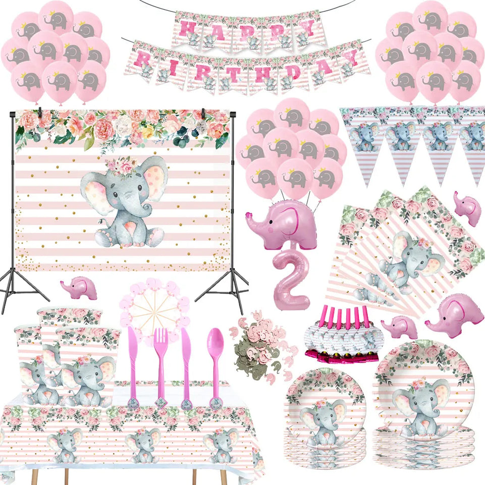 Pink Elephant Birthday Party Decoration Balloon Disposable Cutlery Birthday Party Decorations Baby Shower Decor Supply Gift