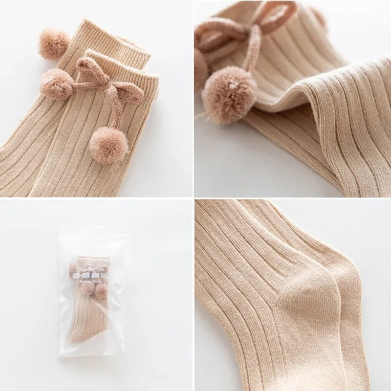 Baby Socks for Girls Boys Autumn Winter Bow Pompom Knee High Long Children's Socks Infant Toddler Cotton Sock Kids Accessories