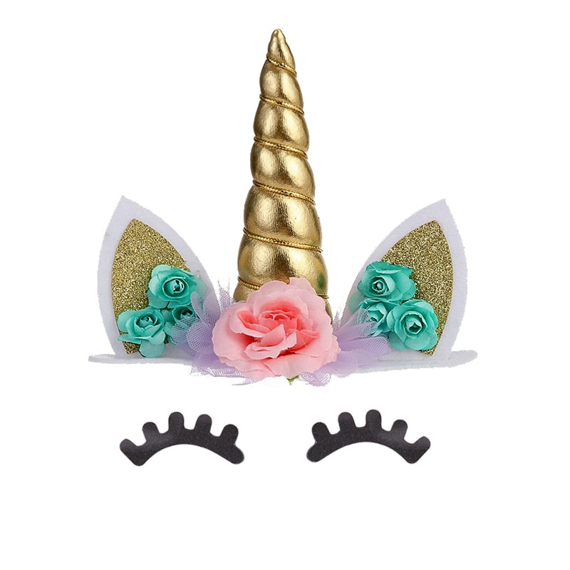 1Set Unicorn Horn Eye Cake Toppers Happy Birthday Party Decoration Baby Shower Wedding Unicorn Theme Cake Accessoires Supplies